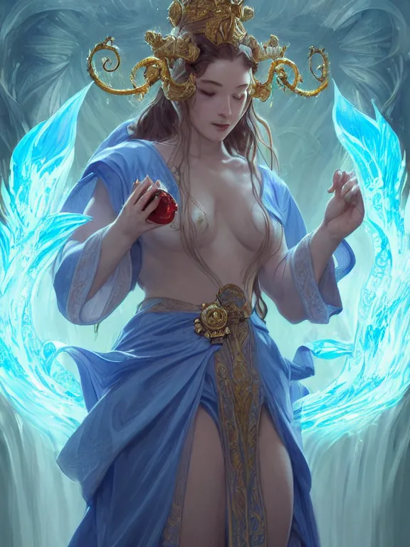 Image similar to summoner wearing robes with a cute water elemental, fantasy, intricate, elegant, highly detailed, digital painting, artstation, concept art, wallpaper, smooth, sharp focus, illustration, art by artgerm and greg rutkowski and alphonse mucha