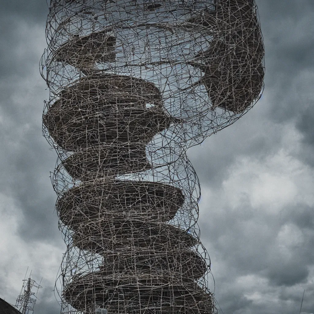 Prompt: close - up view of a circular tower made up of colourful makeshift squatter shacks, bleached colours, moody cloudy sky, dystopia, mamiya, very detailed, photographed by cristina de middel