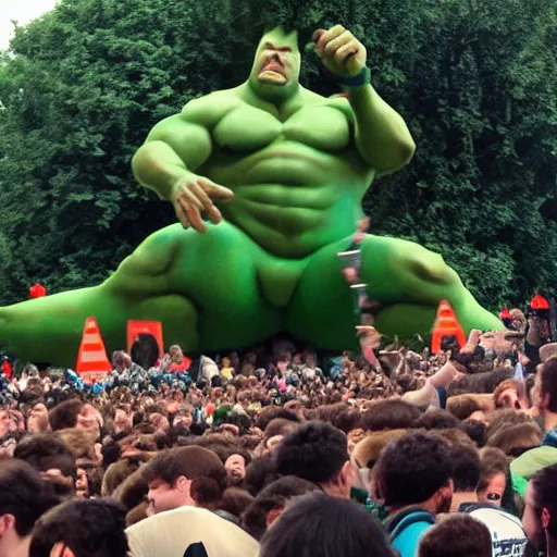 Prompt: photo of the green - giant kicking a crowd of tiny people in the air. - n 9