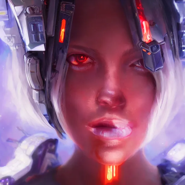 Image similar to A beautiful painting of a cyberpunk space jocky, girl with white hair fire red eyes sensual stare, Trending on artstation. augmentations and cybernetic enhancements neon circuits, greg rutkowski , hyperrealist, cinema4D, 8k highly detailed ❤️‍🔥 🔥 💀 🤖 🚀