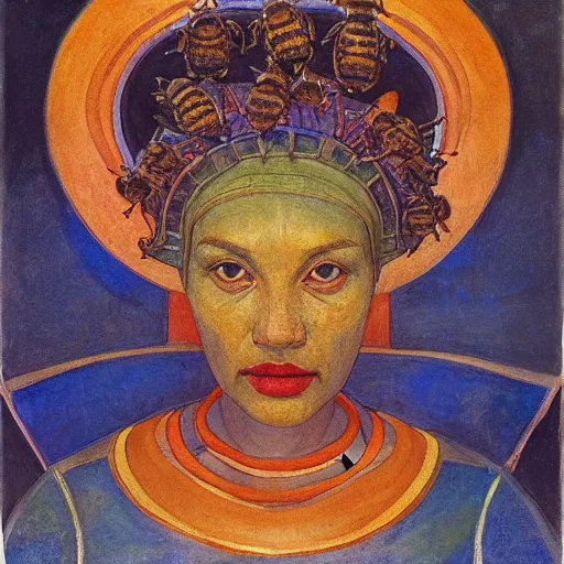 Image similar to the crown of bees, by Annie Swynnerton and Nicholas Roerich and Diego Rivera, blue skin, elaborate costume, geometric ornament, rich color, dramatic cinematic lighting, smooth, sharp focus, extremely detailed