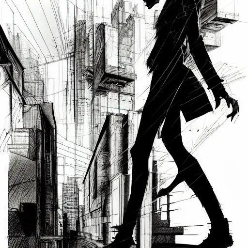 Prompt: concept art character, very high angle view, book cover, walking in cyberpunk valley highly detailed full body, smooth, sharp focus, organic, appealing, book cover, deep shadows, by Dave McKean sketch lineart for character design