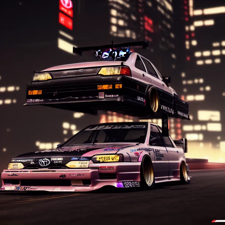 Image similar to toyota jzx 1 0 0 drift, detailed - wheels, shibuya prefecture, cyberpunk female supermodel in front, cinematic lighting, photorealistic, night photography, octane render