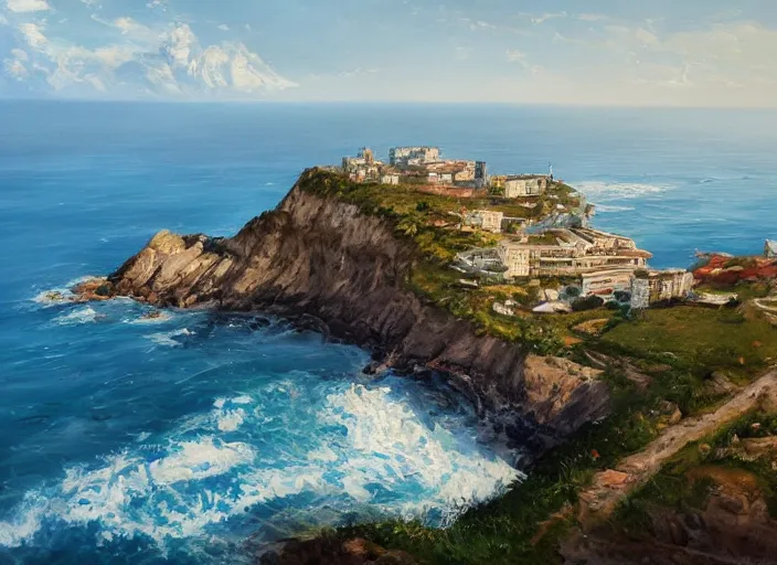 Image similar to villane base, coastal perched on a cliff overlooking a magnificient bay, concept art oil painting by Jama Jurabaev, extremely detailed, brush hard, artstation