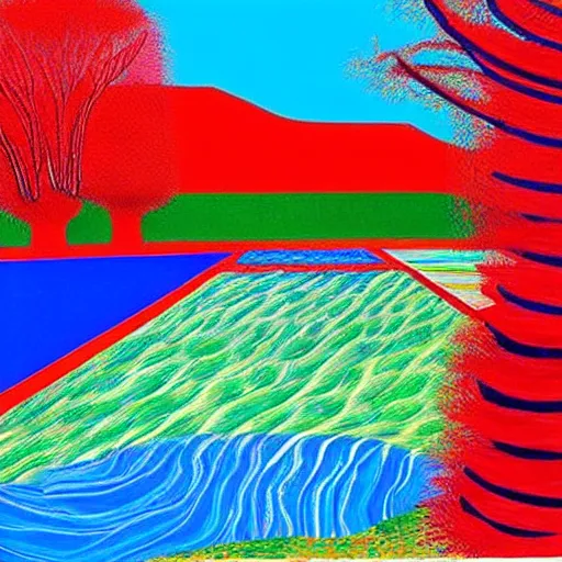 Prompt: a wild modernist landscape painting filled with energy patterns rippling in all directions, mountains, rushing water, saturated colors. David Hockney.