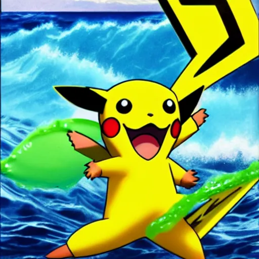 Image similar to pikachu surfing on a wave made of green slime, pokemon tcg image, trending on artstation