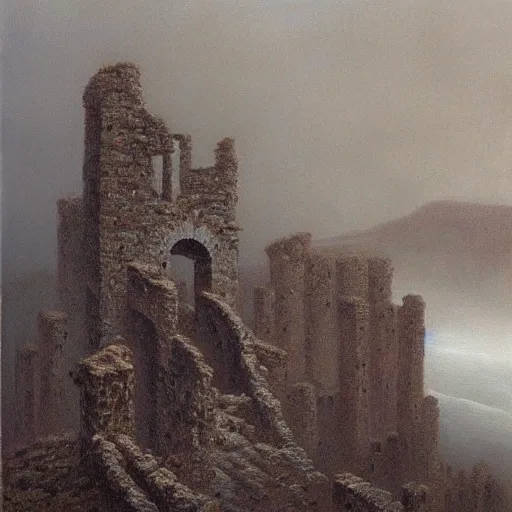 Image similar to an ancient ruined tower atop a crag, moody, ethereal, atmospheric, painting, Zdzisław Beksiński