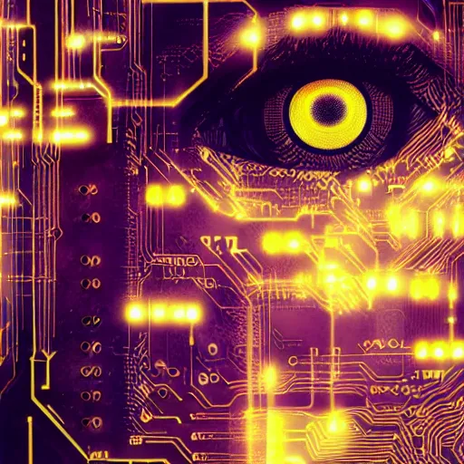 Image similar to a face covered in computer circuits, scifi, bladerunner, cyberpunk, heavy ink, yellow, very detailed eyes, 8 k resolution, by wlop, greg rutkowski