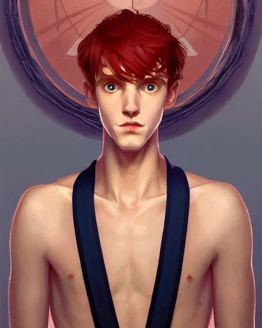 Image similar to symmetry!! portrait of tall, thin, 1 5 - year - old boy with a long nose, a lot of freckles, fiery red hair, and bright blue eyes, highly detailed, digital painting, artstation, concept art, smooth, sharp focus, illustration, art by artgerm and greg rutkowski and alphonse mucha