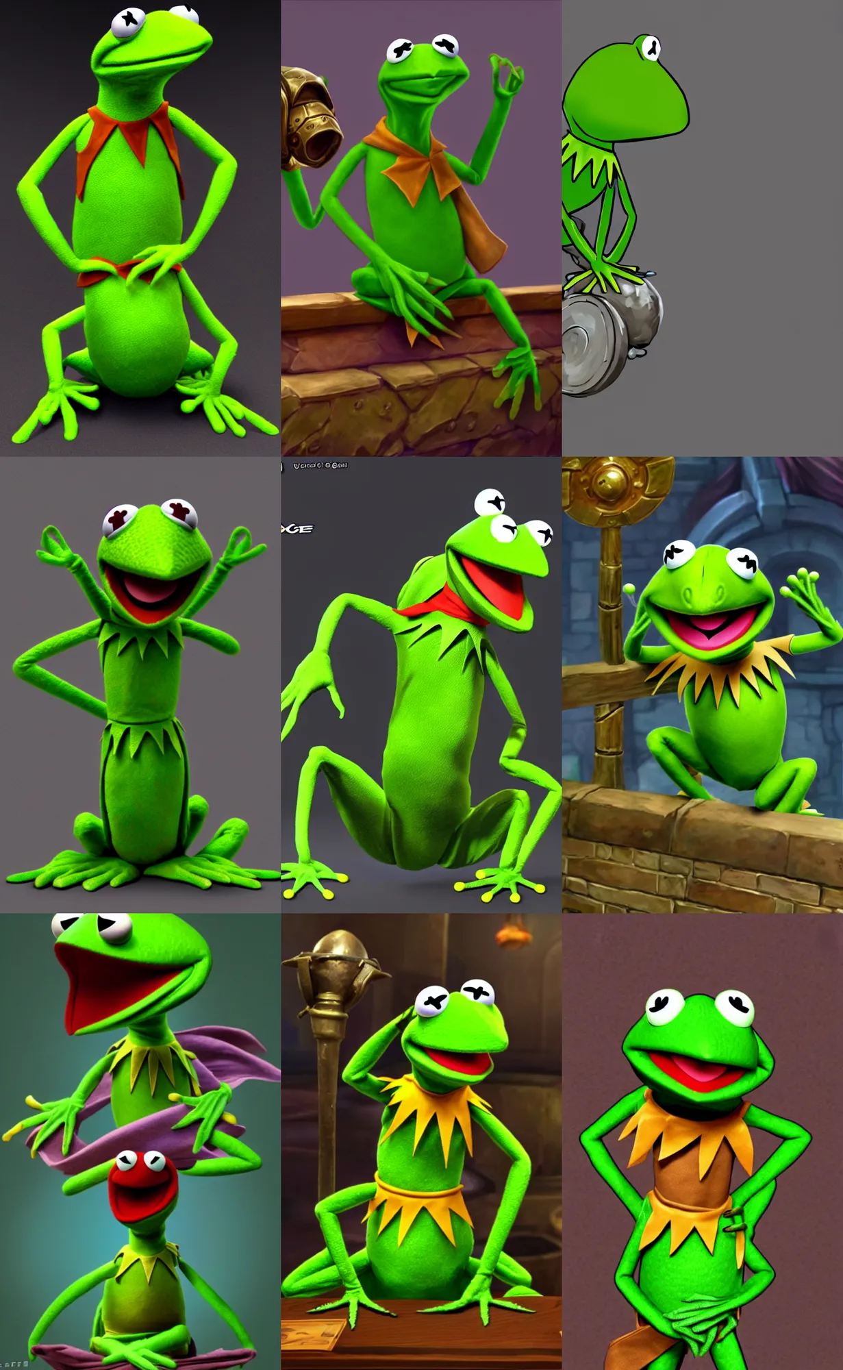 Prompt: kermit the frog as a character in the game league of legends, with a background based on the game league of legends, detailed face, old 3 d graphics