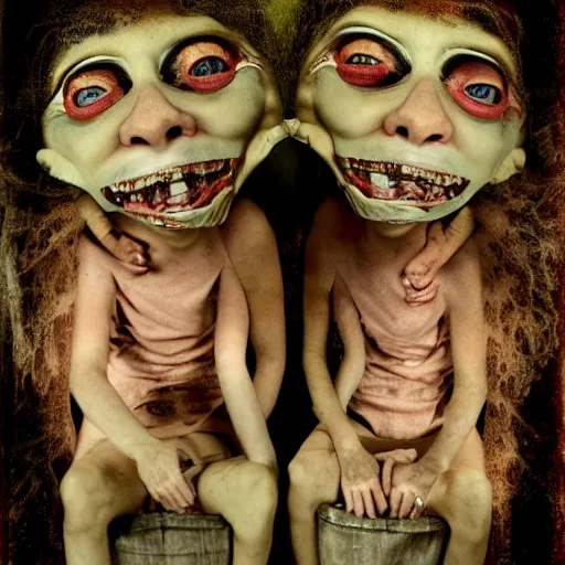 Image similar to conjoined twins, asymmetrical, basket case, freak show, ominous, disturbing, high resolution photograph