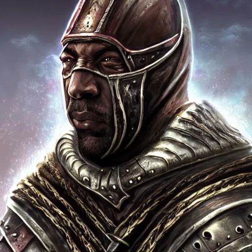 Image similar to unknown the elder scrolls vi hammerfall, battle hardened imposing male redguard character portrait partially clothed in hooded metal - plated exquisitely detailed hooded battle armour, desert, tropical, atmospheric lighting, painted, intricate, volumetric lighting, beautiful, rich deep colours masterpiece, sharp focus, ultra detailed