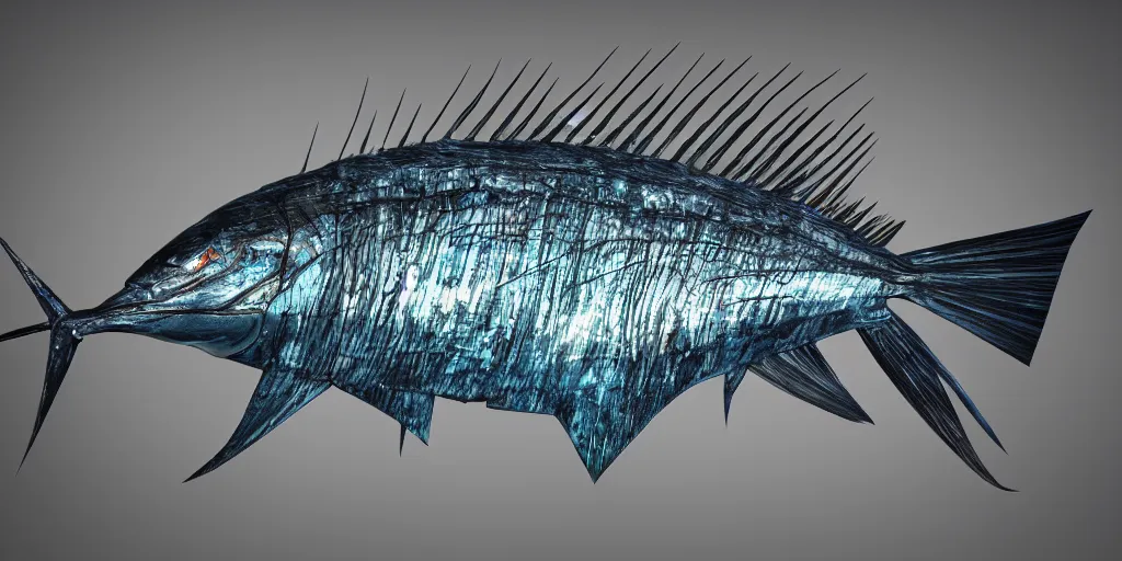 Image similar to sailfish, stylized layered textures, long flowing fins, bioluminescent orbs, 3 d render, substance painter, glowing eye, smooth, sharp focus, art by h r giger