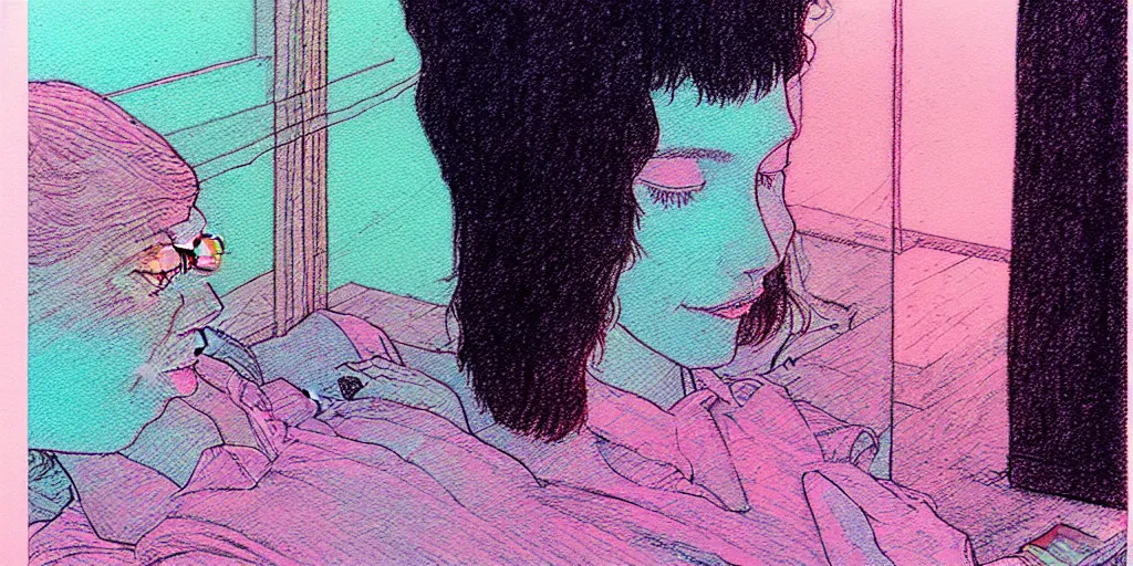 Prompt: a close - up grainy risograph, pastel colors painting of a scene from the requiem for a dream by moebius and lehr paul and kim jung gi