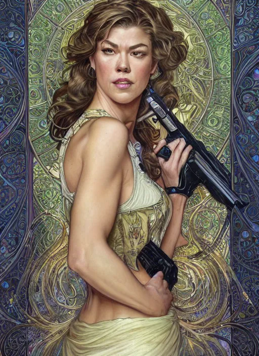 Image similar to Adrianne Palicki as a beautiful young woman holding a pistol, fantasy, intricate, elegant, highly detailed, centered, digital painting, artstation, concept art, smooth, sharp focus, illustration, art by artgerm and donato giancola and alphonse mucha