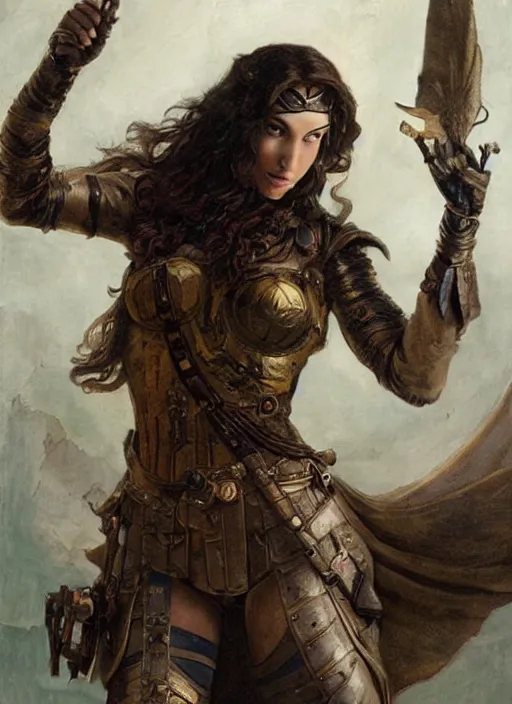 Image similar to highly detailed steampunk gal gadot standing on a mechanism : leonardo da vinci, greg rutkowski, magali villeneuve