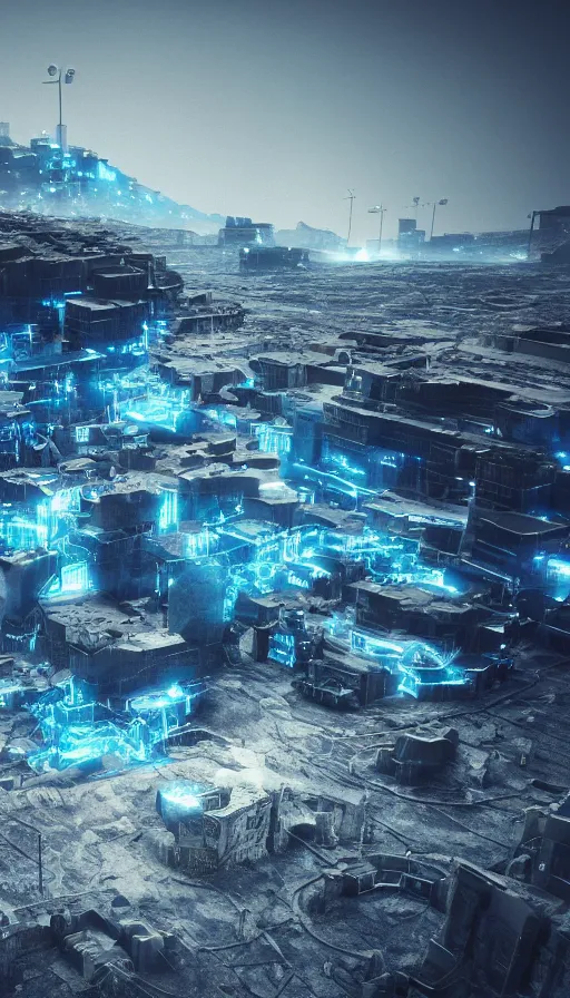 Prompt: a dystopian landscape made of electric blue eyes, Octane Render, cinematic