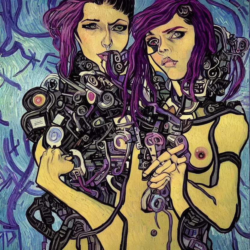 Image similar to A beautiful painting of a cyberpunk girl with purple hair and an a huge robot arm sensual stare, augmentations and cybernetic enhancements neon circuits, Painted by Vincent Van Gogh ❤️‍🔥 🔥 💀 🤖 🚀