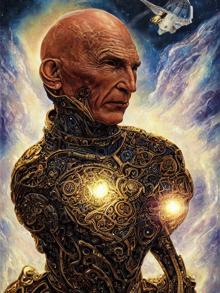 Image similar to fullbody portrait. very complex hyper-maximalist overdetailed cinematic cosmic scifi portrait of an elegant very attractive Captain Picard of the universe by andrei riabovitchev, tomasz alen kopera, oleksandra shchaslyva and peter morbacher. Extremely ornated and decorative. Fancy luxury beautiful. Omnious intricate. Secessionist portrait illustration. Goddess of the sky. Focus on face. Artstation. Deviantart. 8k 4k 64megapixel. Rendered by binx.ly.