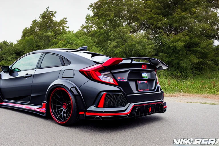 Prompt: nikor 1 8 mm 2 0 2 0 civic coupe type r from behind, carbon fiber wing spoiler, volk wheels