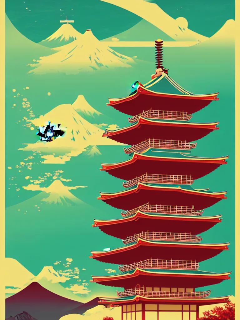 Image similar to a travel poster illustration depicting a japanese pagoda, vintage style, detailed illustration, digital painting, vector art, trending on artstration, by anton fadeev, by alena aenami