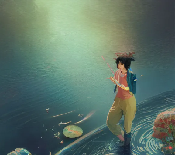 Prompt: harmony blue jacket, tiny rainbow triangles, black haired yoongi, above water, ripples, six pack, microphone, by wlop, james jean, victo ngai, muted colors, highly detailed, fantasy art by craig mullins, thomas kinkade