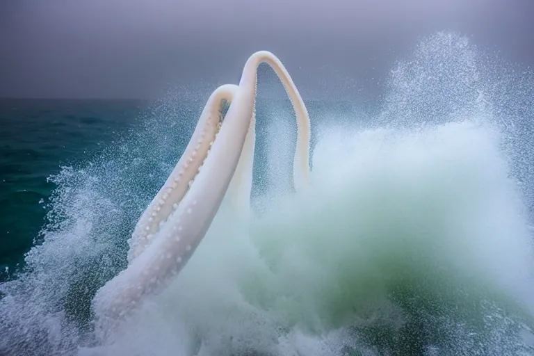 Image similar to underwater photography of a gigantic white octopus jumping a wave at nazare