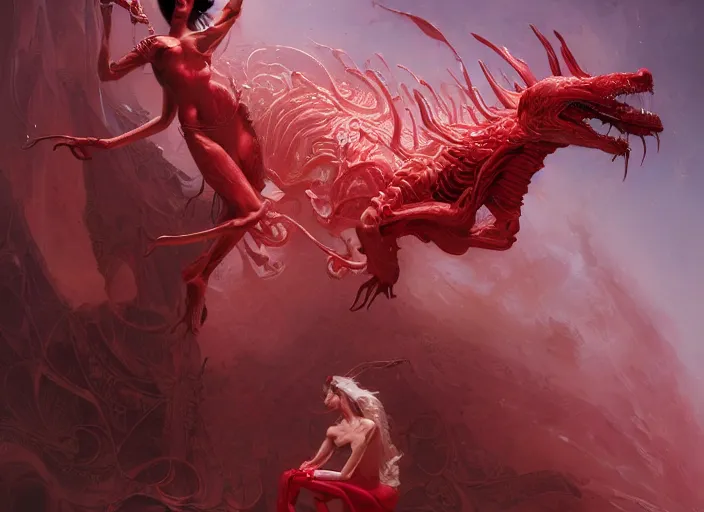 Prompt: woman loves sit upon a scarlet coloured beast, pain, light effect, hyper detailed, intricate, elegant, highly detailed, digital painting, artstation, concept art, matte, sharp focus, illustration, by peter mohrbacher, hajime sorayama, wayne barlowe, boris vallejo, aaron horkey, gaston bussiere, craig mullins