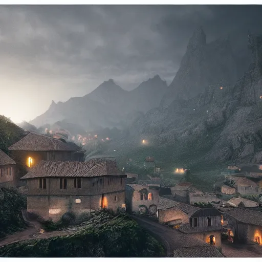 Prompt: the center of a poor medieval town under heavy rain at late dawn, in a valley, surrounded by mountains, highly detailed, octane render, ultra detailed cinematic, 8 k, widescreen, 1 6 : 9, hd