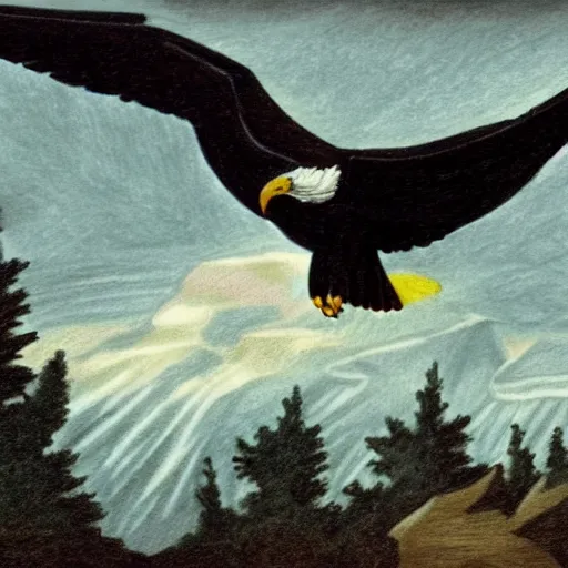 Image similar to drawing of a black eagle flying over a forest