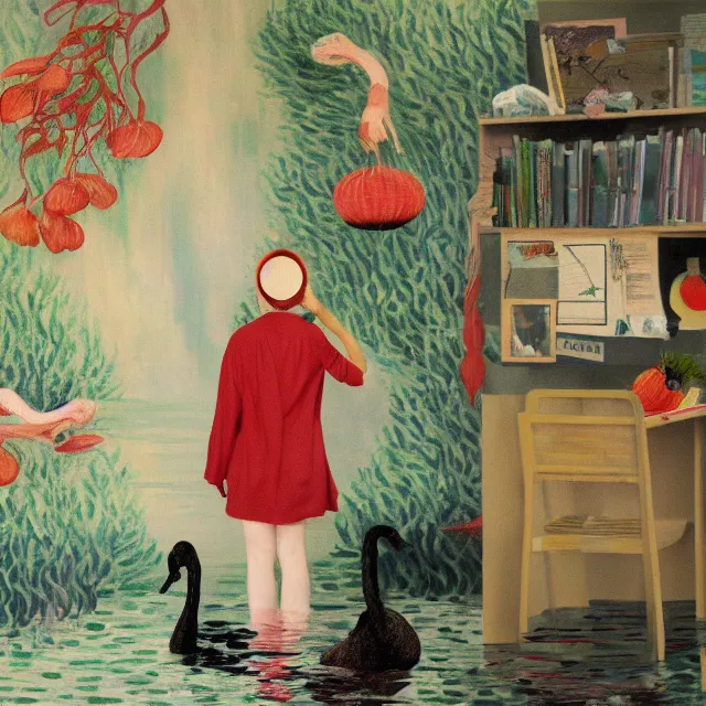 Image similar to female emo art student, painting of flood waters inside an artist's feminine bedroom, a river flooding indoors, pomegranates, pigs, ikebana, water, octopus, river, rapids, waterfall, black swans, canoe, berries, acrylic on canvas, surrealist, by magritte and monet