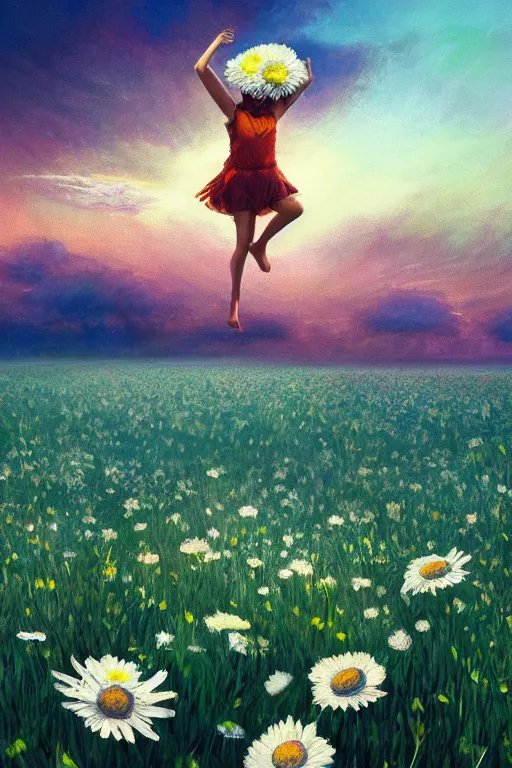 Image similar to giant white daisy flower head, girl jumping in a flower field, surreal photography, sunrise, dramatic light, impressionist painting, colorful clouds, digital painting, artstation, simon stalenhag