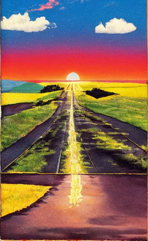 Image similar to paperback book cover. 1 9 8 0 s. pure colors, melting clouds, accurately drawn details, a sunburst above a receding road with the light reflected in furrows and ruts, after rain. and no girls.