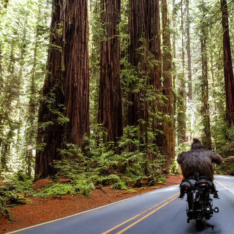 Image similar to a pinhole photograph of bigfoot riding a motorcycle through redwood national park