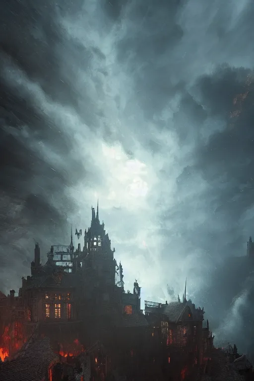 Prompt: a castle burning inside a dragons eye by Greg Rutkowski, Sung Choi, Mitchell Mohrhauser, Maciej Kuciara, Johnson Ting, Maxim Verehin, Peter Konig, Bloodborne, macro lens, 35mm, 8k photorealistic, cinematic lighting, HD, high details, atmospheric,