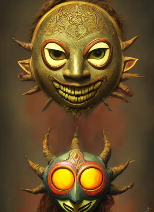 Prompt: happy mask salesman with majora's mask, fantasy, intricate, elegant, highly detailed, digital painting, artstation, concept art, wallpaper, smooth, sharp focus, illustration, art by wlop