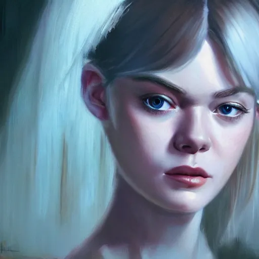 Image similar to ultra realistic portrait painting of elle fanning in ghost in the shell, art by frank frazetta, 4 k, ultra realistic, highly detailed, epic lighting