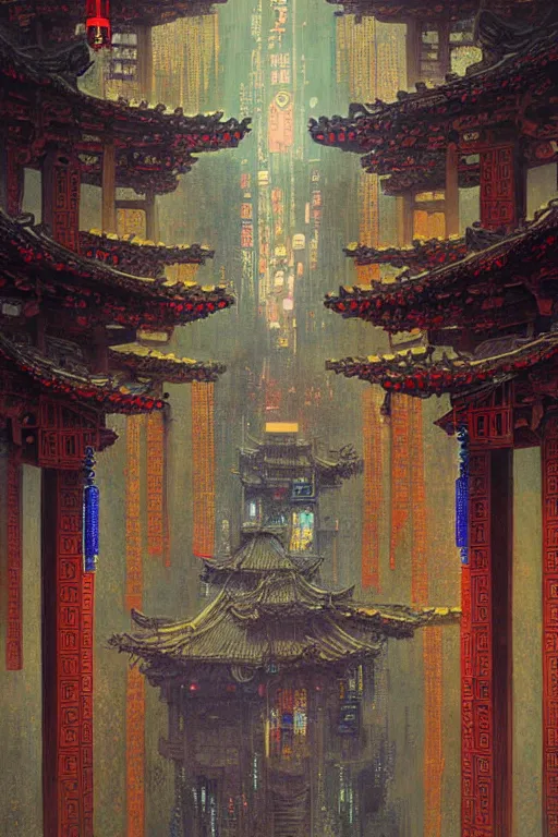 Prompt: cyberpunk chinese ancient castle, fantasy, painting by Gustav Klimt, greg rutkowski and alphonse mucha