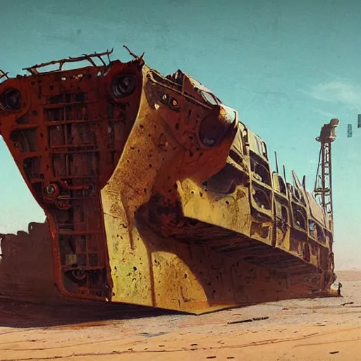 Prompt: the rusted carcass of an ancient cargo ship in a desert, futuristic, intricate, detailed futuristic matte painting by Simon Stalenhag and Greg Rutkowski