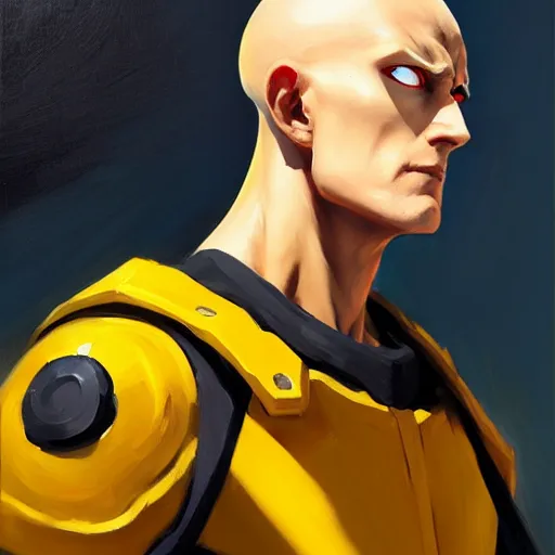 Image similar to Greg Manchess portrait painting of Saitama as Overwatch character, medium shot, asymmetrical, profile picture, Organic Painting, sunny day, Matte Painting, bold shapes, hard edges, street art, trending on artstation, by Huang Guangjian and Gil Elvgren and Sachin Teng