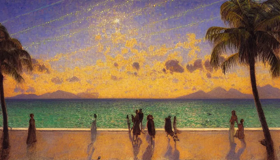 Image similar to a ultradetailed beautiful color theory painting of the thunderstorm sky of the rio de janeiro palace balustrade designed by jules bastien - lepage, tarsila do amaral, frank weston and gustave baumann, beach, trending on artstation, mediterranean, palm trees, sharp focus, colorful refracted sparkles and lines, soft light, 8 k 4 k