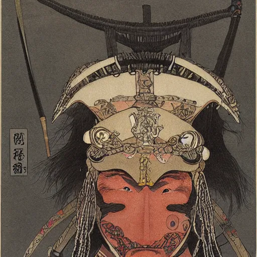 Prompt: highly detailed portrait of samurai warrior with oni demon mask armour by Moebius, Sergio Toppi, John Bauer, Kay Nielsen, Yoshitaka Amano