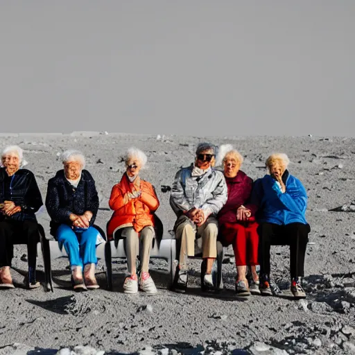 Image similar to an group of elderly people on the surface of the moon, 🌕, 🍦, eating ice - cream, tourist bus, canon eos r 3, f / 1. 4, iso 2 0 0, 1 / 1 6 0 s, 8 k, raw, unedited, symmetrical balance, wide angle