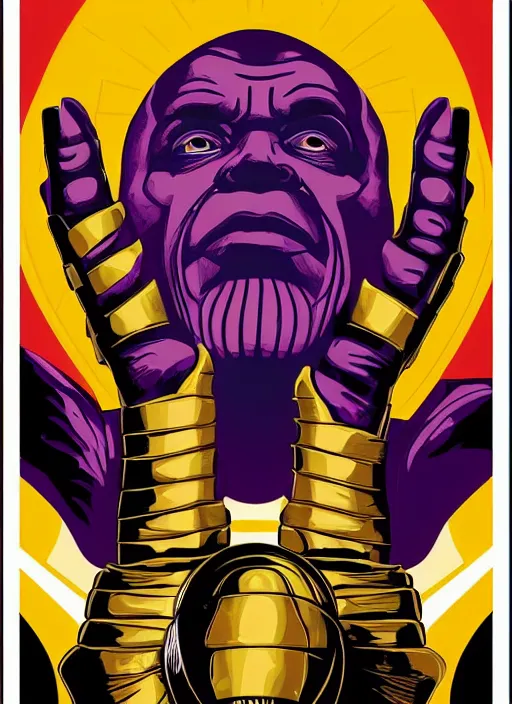 Prompt: 3 / 4 portrait of thanos. obama style poster by shepard fairey