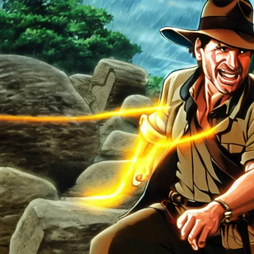 Prompt: Indiana Jones being chased by a boulder trap, boulder chase, underground sandstone temple background, giant round stone chasing Indiana Jones, raiders of the lost ark, anime key visual