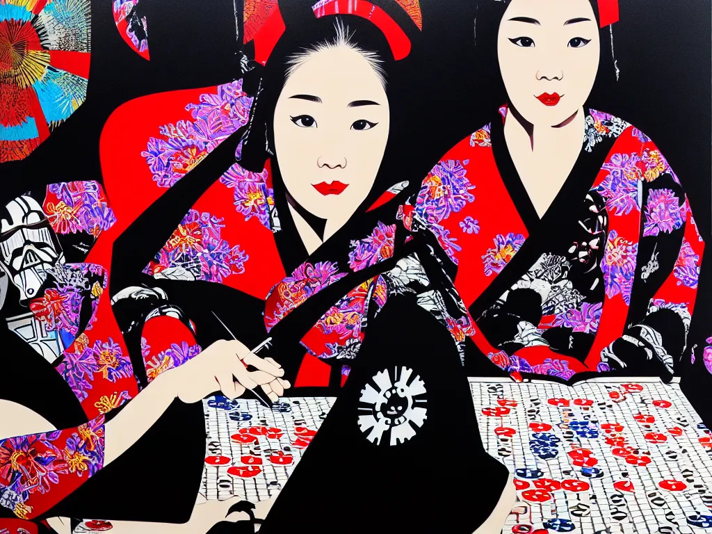 Image similar to hyperrealism composition of the detailed woman in a japanese kimono sitting at an extremely detailed poker table with darth vader, fireworks on the background, pop - art style, jacky tsai style, andy warhol style, acrylic on canvas