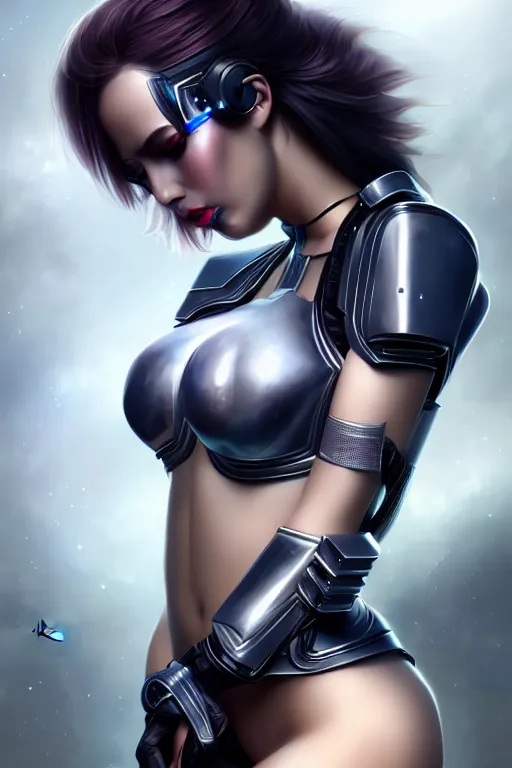 Prompt: artistic portrait of a futuristic paladin, wearing illuminated cyberpunk lingerie, perfect fit body, beautiful eyes and lips, industrial setting, art by artgerm and wlop and brom, highly detailed, 8 k, cinematic, mist, digital painting, sharp focus, illustration, masterpiece