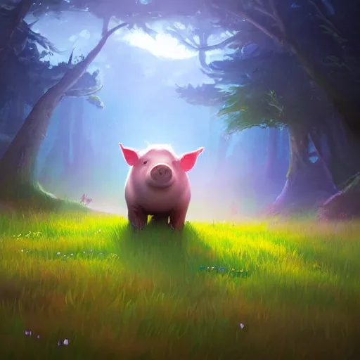 Prompt: A pig stands in the middle of a meadow, dark atmosphere, mattepainting concept Blizzard pixar maya engine on stylized background splash comics global illumination lighting artstation lois van baarle, samwise didier, rossdraws