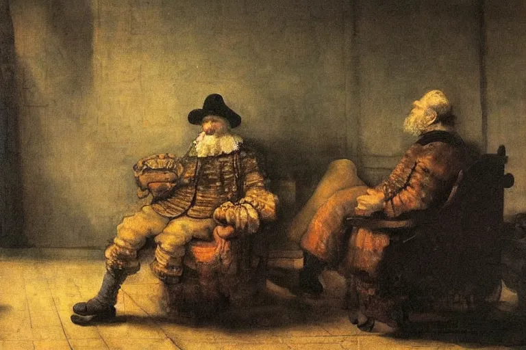 Prompt: man watching television. painting by rembrandt