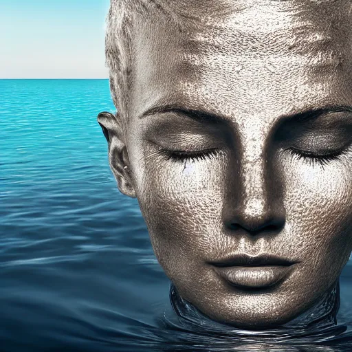 Image similar to water artwork manipulation in the shape of a human head, on the ocean water, ray tracing, realistic water sharp focus, long shot, 8 k resolution, cinematic, amazing water art